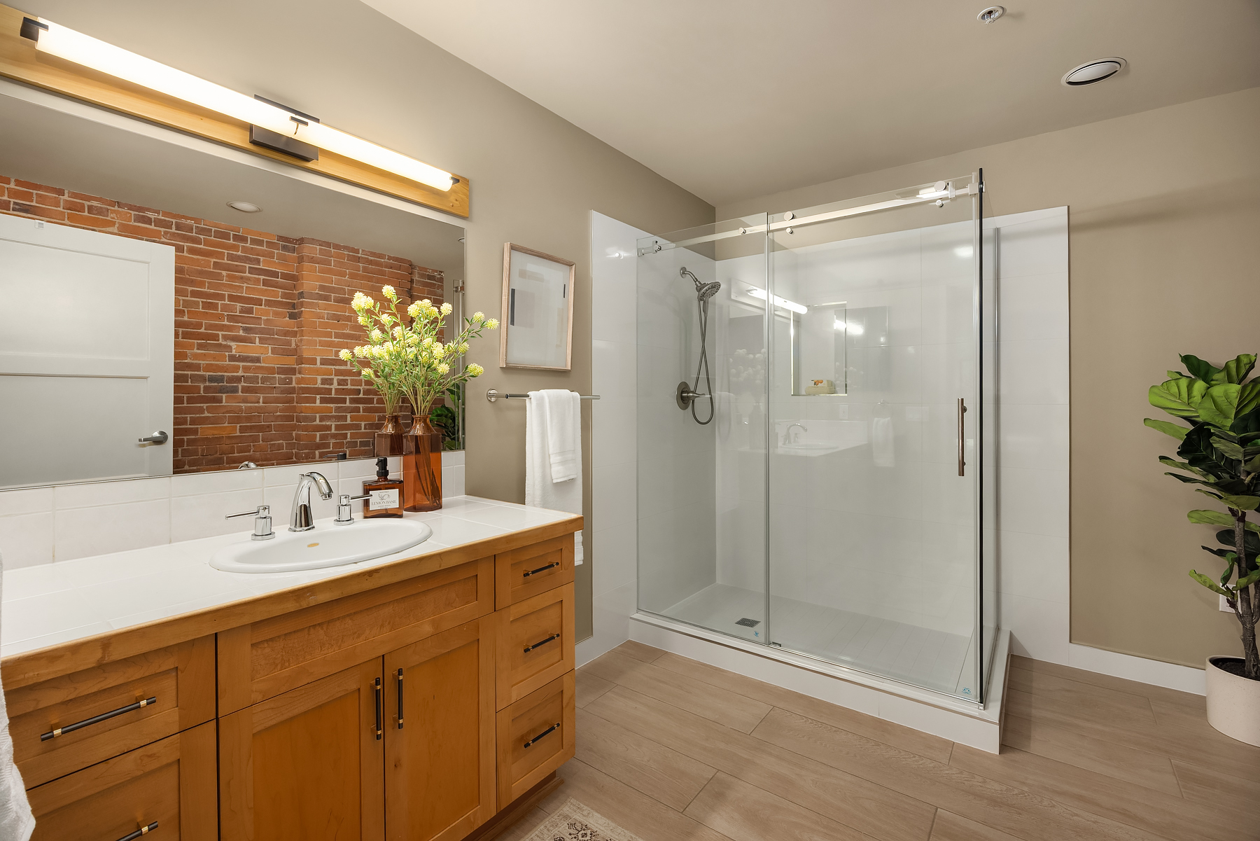 Bathroom vanity with brick detail