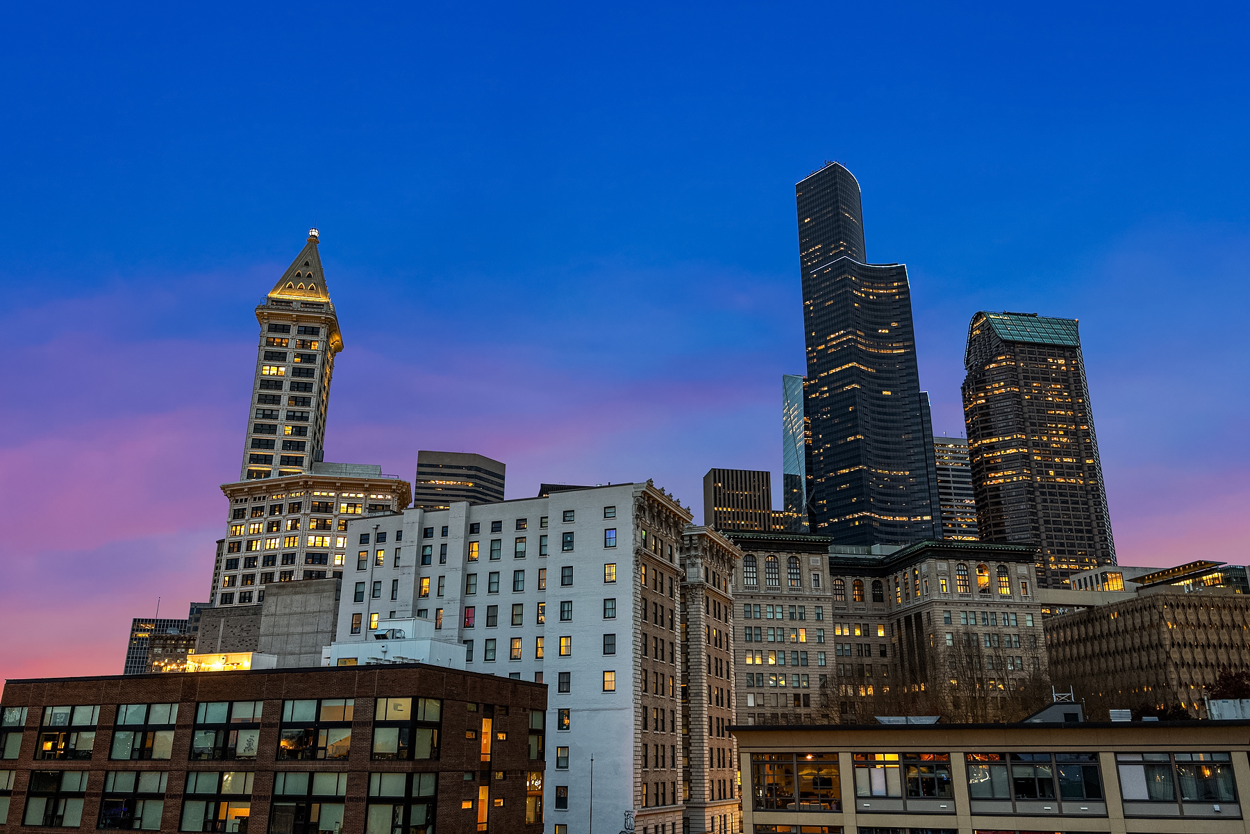 Pioneer Square neighborhood and Seattle skyline